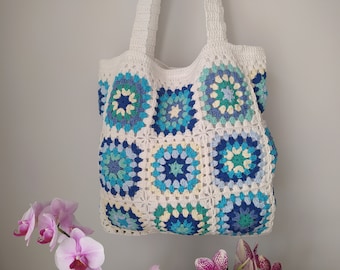 Crochet Granny Square Tote Bag: Blues Boho Shoulder Bag