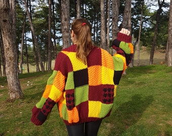 Harry Styles Cardigan, Patchwork Sweater, Oversized Hand Knitted Embroidery Multi Color Women Jacket