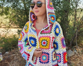 Hooded Cardigan, Granny Square Sweater, Crochet Afghan Coat, Colorful Pathcwork Jacket, Boho Sweater, Festival Cardigan