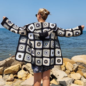 Black Granny Square Hooded Jacket, Crochet Short Cardigan, Afghan Coat, Boho Sweater