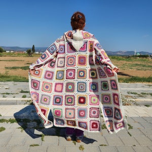 Crochet Granny Square Hooded Cardigan: Boho Patchwork Cotton Coat