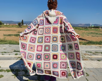 Crochet Granny Square Hooded Cardigan: Boho Patchwork Cotton Coat
