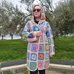 Crochet Granny Square Hooded Cardigan: Boho Patchwork Afghan Coat