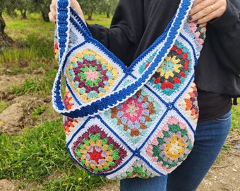 Crochet Tote Bag, Granny Square Purse, Colorful Festival Bag, Vintage Style Bag, Patchwork Boho Hippie Bag, Retro Shoulder Bag