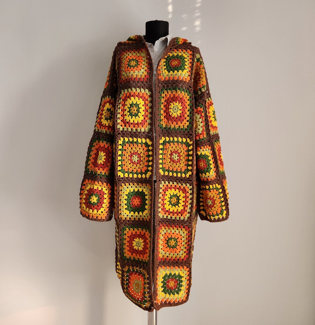 Granny Square Hooded Cardigan, Crochet Coat, Colorful Pathcwork Jacket