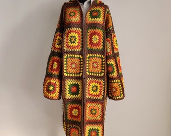 Granny Square Hooded Cardigan, Crochet Coat, Colorful Pathcwork Jacket, Boho Sweater, Festival Cardigan, Christmas Gift