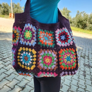 Crochet Granny Square Tote Bag: Recycled Cotton Patchwork Purse