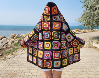 Granny Square Hooded Jacket, Crochet Afghan Cardigan, Colorful Pathcwork Sweater, Boho Coat, Festival Jacket