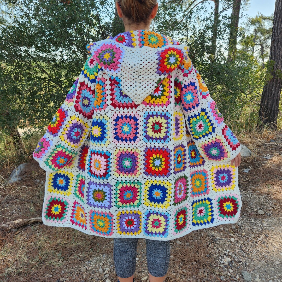 Granny Square Hooded Cardigan Crochet Afghan Coat Colorful Etsy