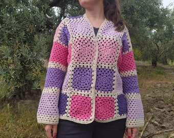 Granny Square Jacket, Crochet Afghan Coat, Knitted Short Sweater, Ecru Patchwork Cardigan, Boho Little Jacket, Purple Pink Summer Top