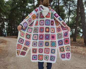Long Granny Square Hooded Cardigan, Crochet Cotton Afghan Coat, Festival Cardigan, Patchwork Colorful Jacket