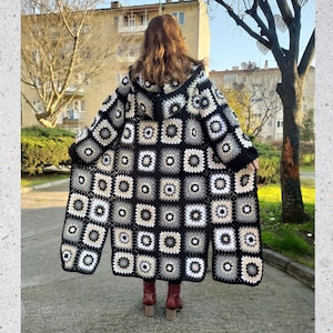 Black Hooded Granny Square Crochet Cardigan, Afghan Coat, Oversized Retro Long Sweater, Patchwork Jacket, Boho Coat, Gift For Her
