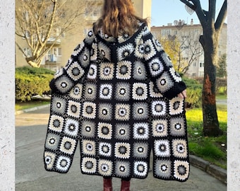 Black Hooded Granny Square Crochet Cardigan, Afghan Coat, Oversized Retro Long Sweater, Patchwork Jacket, Boho Coat, Gift For Her