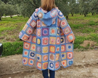 Hooded Cardigan, Crochet Sweater Long Coat, Granny Square Jacket, Bohemian Cardigan, Hippie Coat, Gift For Her