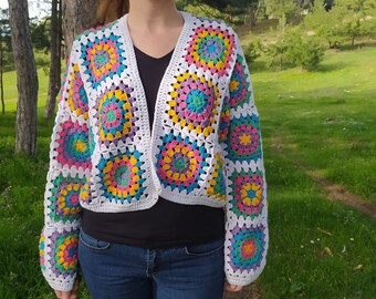 Granny Square Crochet Jacket, Cotton Short Sweater, Patchwork Crop Cardigan, Multicolor Jacket, Gift For Her Birthday