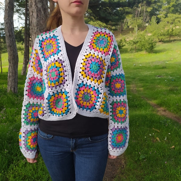 Granny Square Crochet Jacket, Cotton Short Sweater, Patchwork Crop Cardigan, Multicolor Jacket, Gift For Her Birthday