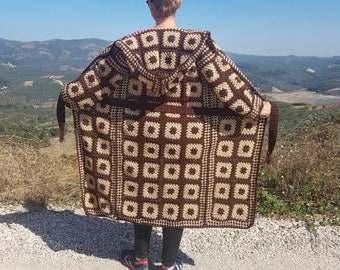 Brown Long Coat, Granny Square Crochet Cardigan, Afghan Hooded Patchwork Jacket, Boho Hippie Retro Sweater, Gift For Her
