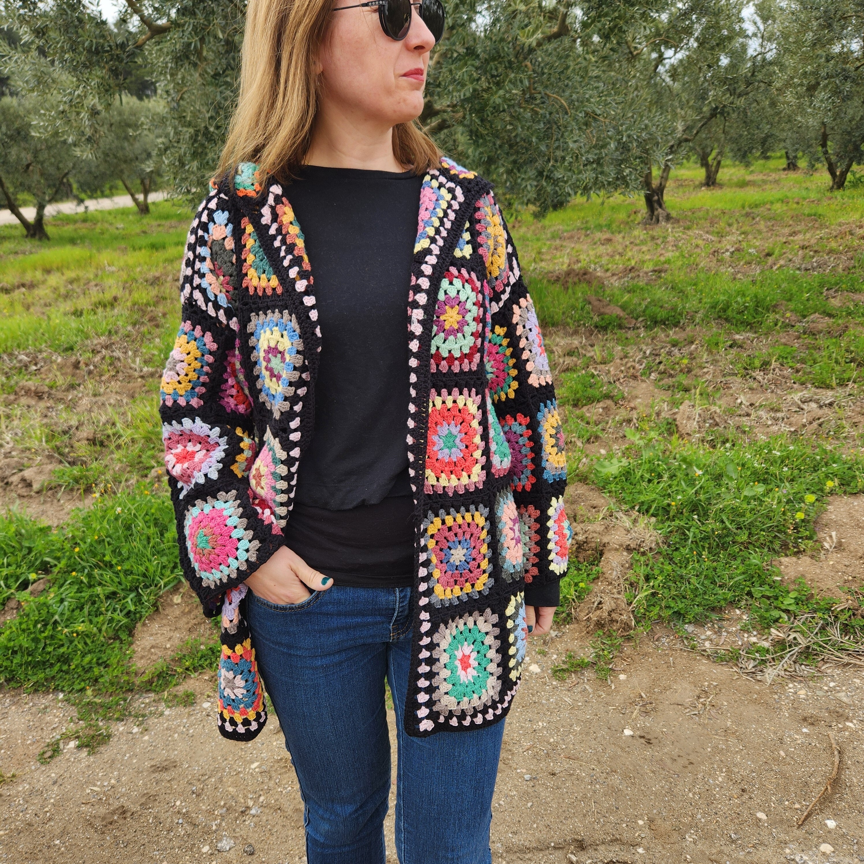 Hooded Granny Square Cardigan: Cotton Patchwork Jacket