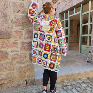 Crochet Granny Square Hooded Cardigan: Colorful Boho Afghan Coat