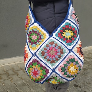 Crochet Granny Square Hobo Bag: Recycled Cotton Boho Tote