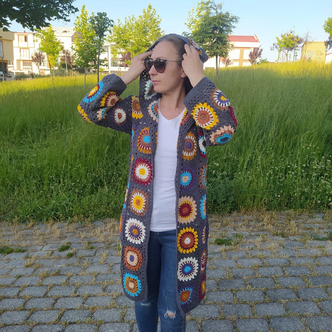 Granny Square Afghan Coat Hooded Patchwork Jacket Crochet Etsy