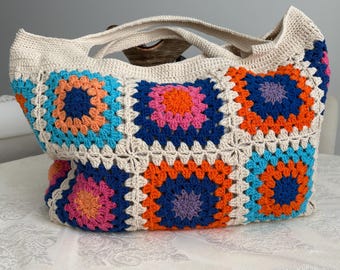 Light Beige Crochet Granny Square Bag: Orange Blue Boho Shoulder Purse