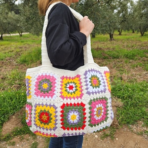 Crochet Granny Square Tote Bag: Boho Patchwork Cotton Shoulder Bag