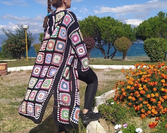 Black Hooded Long Cardigan, Crochet Cotton Granny Square Coat, Festival Multicolor Sweater, Boho Patchwork Jacket, Afghan Coat, Gift For Her