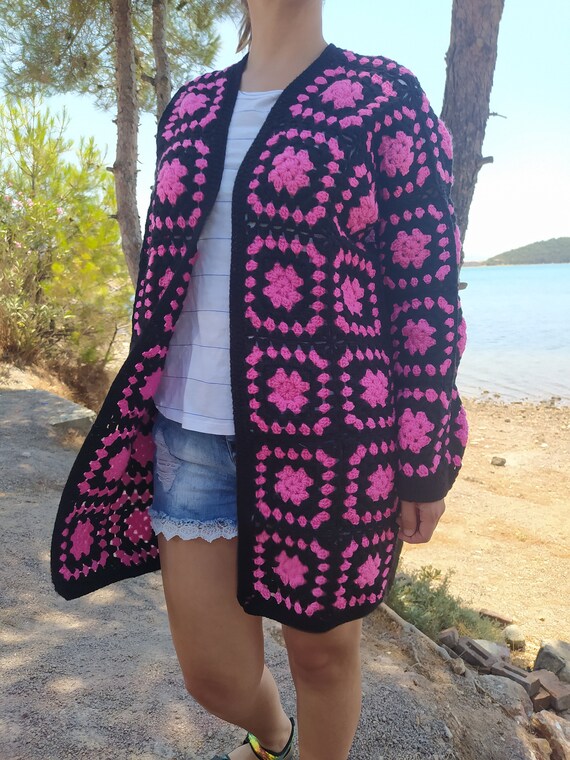 Crochet Granny Square Cardigan Black Pink Jacket Colorful - Etsy