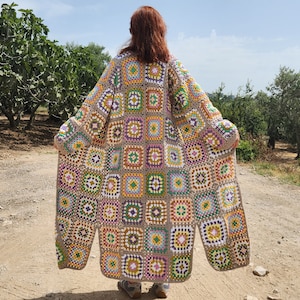 Crochet Granny Square Cardigan: Light Beige Afghan Coat, Boho Hippie Style