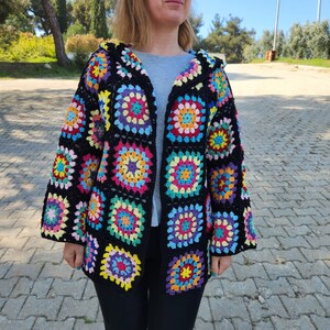 Crochet Granny Square Hooded Cardigan: Black Patchwork Boho Jacket