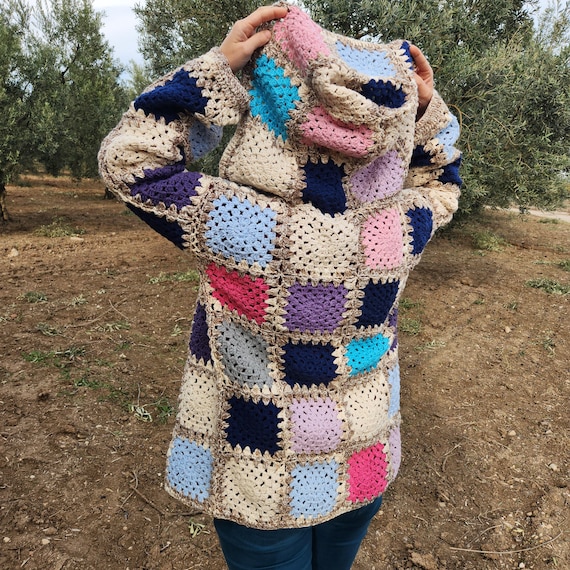Hooded Cardigan, Crochet Jacket, Colorful Granny Square Sweater - Main Image