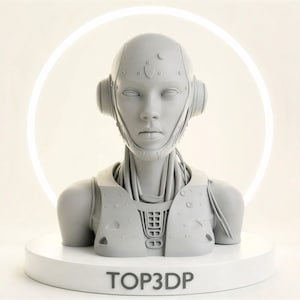 Op de afbeelding: Een grijze buste van een futuristische vrouwelijke figuur met een serene uitdrukking. De sculptuur heeft gedetailleerde mechanische elementen rond het hoofd en de nek, met de tekst "TOP3DP" op de basis. De buste staat tegen een zachte, gloeiende cirkelvormige achtergrond.