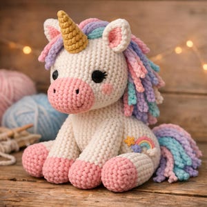 Op de afbeelding: Een handgemaakt gehaakt eenhoorn knuffel. De eenhoorn heeft een wit lichaam, roze hoeven en snuit, en een gouden hoorn. De manen en staart hebben pastelkleuren, waaronder roze, blauw en lavendel. Een kleine regenboog en ster zijn op de zijkant gestikt.