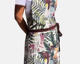 Tropical pattern apron for Women |  Kitchen Aprons | Floral Aprons | Apron with Pockets | Handmade Aprons | Apron pattern |  Gardening Gift