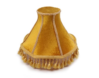 Mustard yellow vintage handmade velvet 70s lampshade with tassels