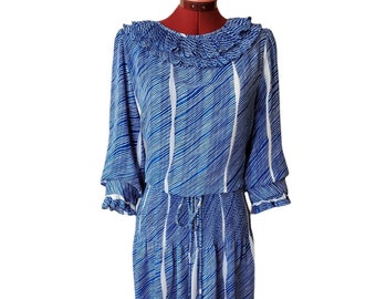 Fab vintage 1970s doet 30sdress blauw wit gestreept jaren 70