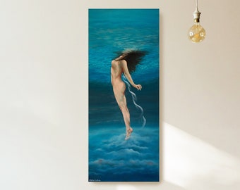 Breath, Oil on canvas 16x39in. Signed Art painting inspires love with peace, calm, beauty, and positivity.