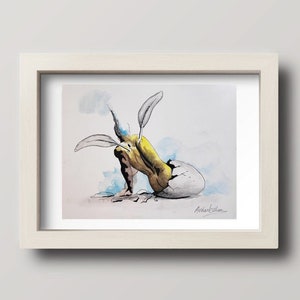 Herboren, originele engelachtige aquarel en inktkunst op papier, ondertekend minimalistisch schilderij, uniek handgemaakt kunstwerk van Avihai Cohen