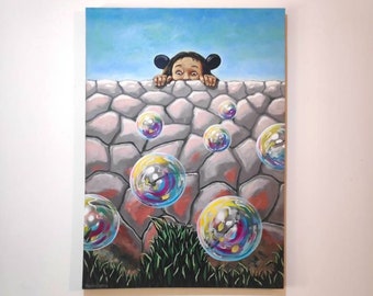 The little mouse and bubbles, Original ART Signed Painting Oil On Canvas, Colorful Handmade Artwork