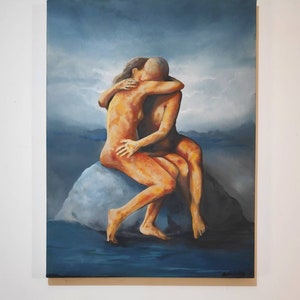 The Kiss, Original Signed Art painting Abstract Oil on Canvas | Loving Couple Kissing Wall Art | Handmade Artwork