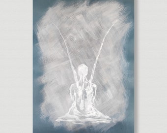 Könnte beinhalten: Eine weiße Figur mit ausgestreckten Armen sitzt in meditativer Haltung vor einem blauen und grauen Hintergrund. Die Figur ist in einem Pinselstrichstil gemalt, der einen weichen und ätherischen Effekt erzeugt.