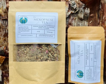 May include: Two brown paper bags with white labels. The labels have the text "RX Menopause Tea" and list ingredients and serving sizes. The larger bag contains 3 ounces of tea and the smaller bag contains 1 ounce of tea.