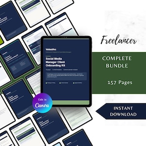 May include: A digital bundle of professional templates for freelancers, featuring a central tablet display with the text Social Media Manager Client Onboarding Kit, VettedArc, 15 pages, 5 email templates, and 157 pages total with an Edit in Canva badge.