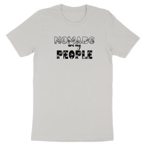 Grey t-shirt with "NOMADS are my PEOPLE" text and graphic designs.