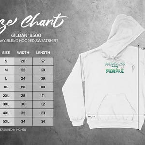 Gildan 18500 hooded sweatshirt size chart with measurements.