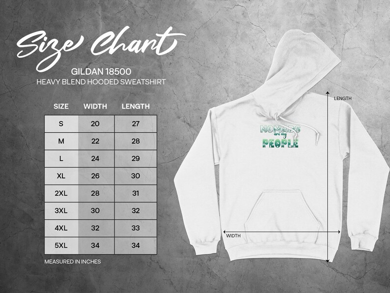 Gildan 18500 hooded sweatshirt size chart with measurements.