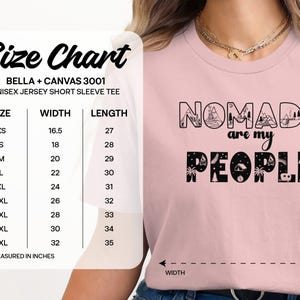 Unisex t-shirt size chart showing width and length measurements for sizes XS to 5XL.
