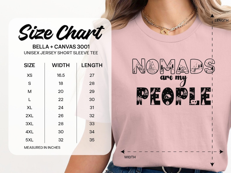 Unisex t-shirt size chart showing width and length measurements for sizes XS to 5XL.