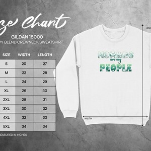 Gildan 18000 sweatshirt size chart with Nomad design.